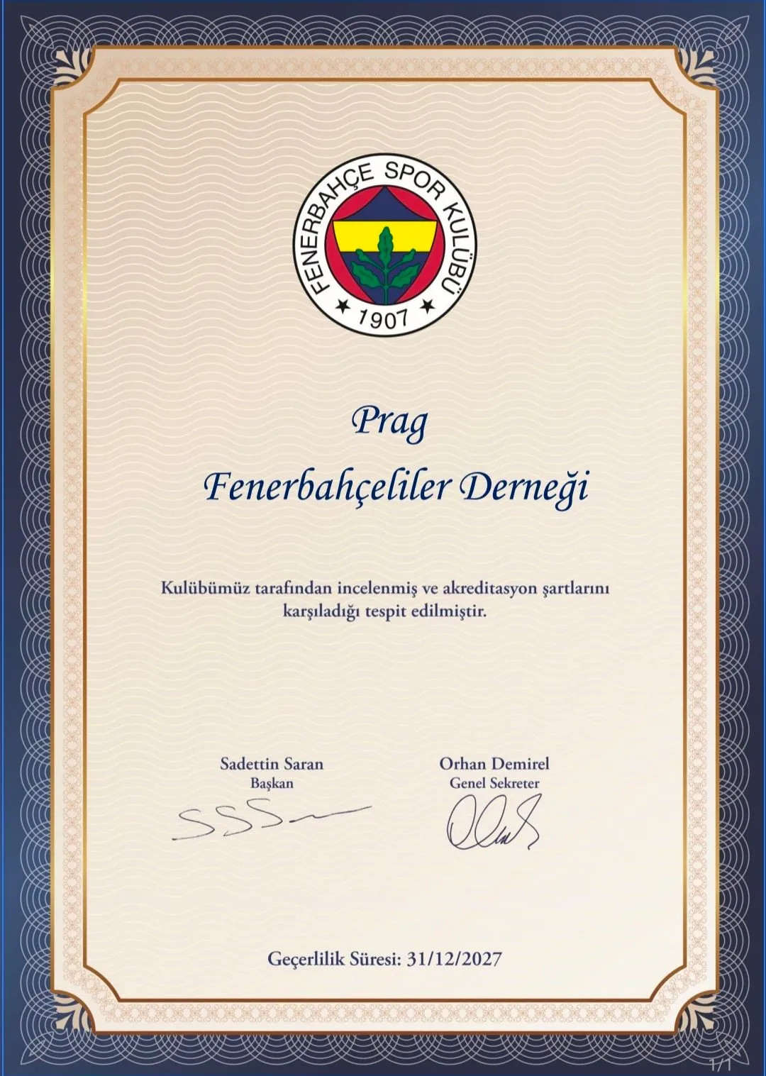 Fenerbahçe Spor Kulübü akreditasyon belgesi: Prag Fenerbahçeliler Derneği, geçerlilik süresi 31.12.2027